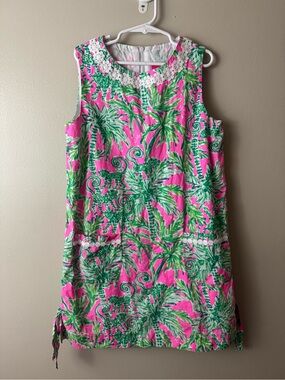 Girls Lilly Pulitzer Bright Pink & Green Tropical Shift Dress Size 10